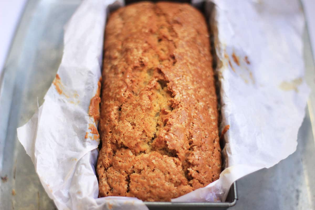 A picture of Brown Butter Banana Bread fresh out of the oven.