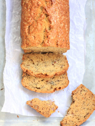 A picture of sliced Brown Butter Banana Bread taken from the top.