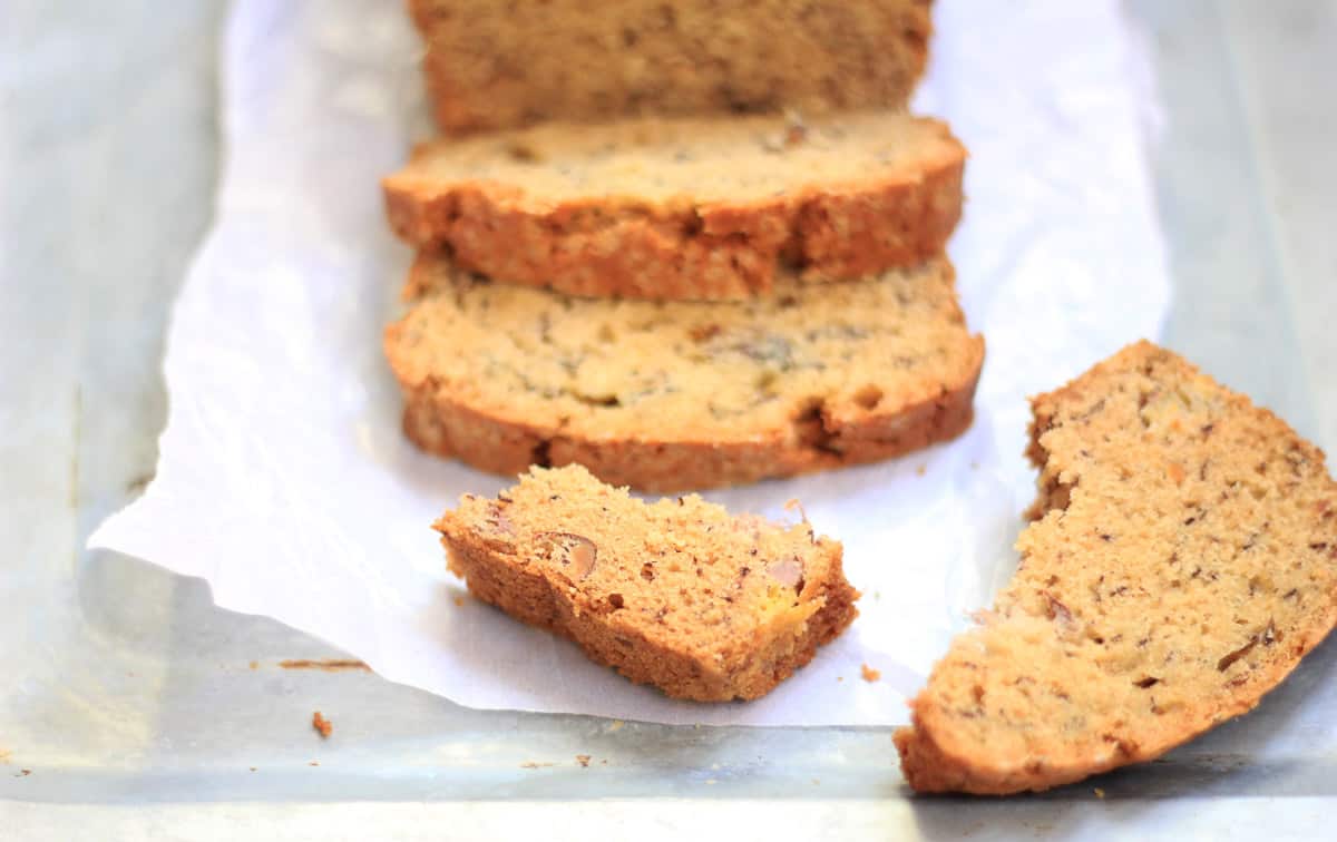 A close up picture of sliced Brown Butter Banana Bread.