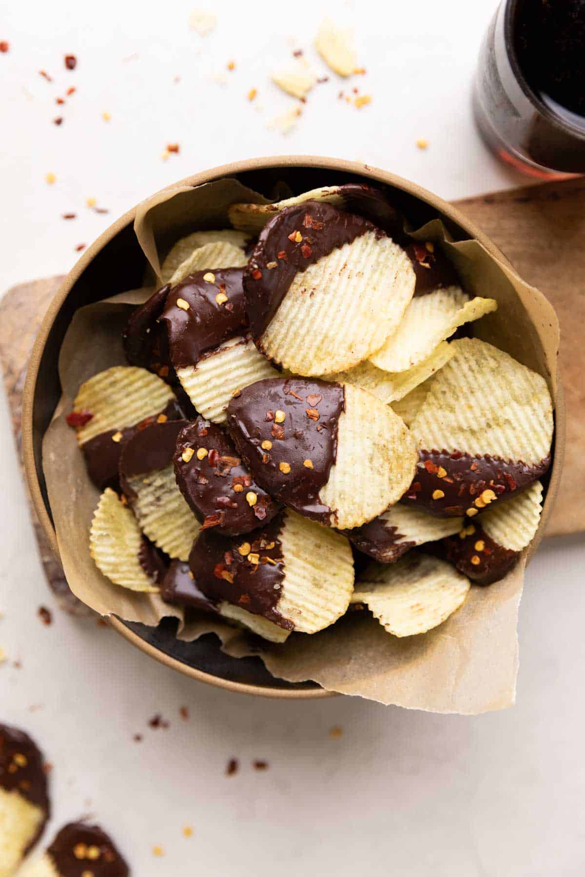 A picture of Chili Chocolate covered Potato Chips in a bowl.