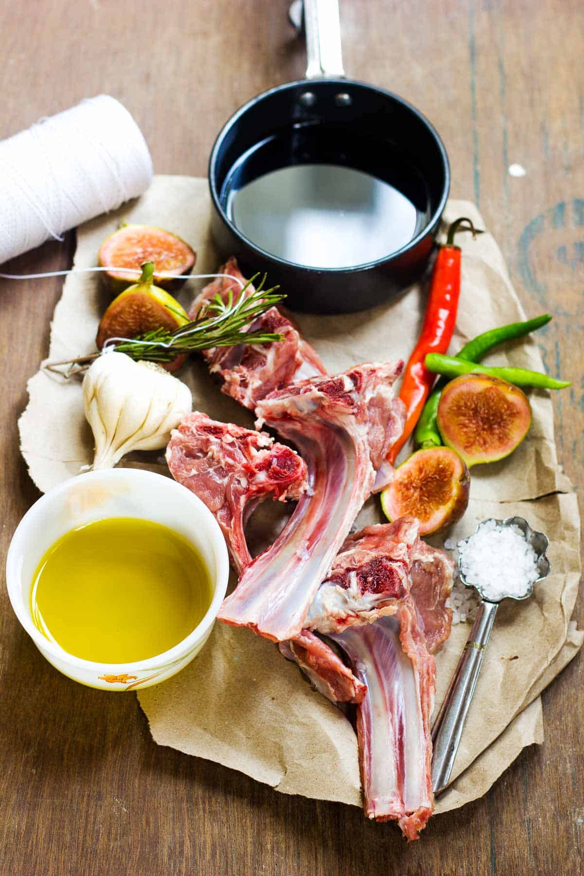 The ingredients required to make spiced lamb chops with figs and balsamic reduction.