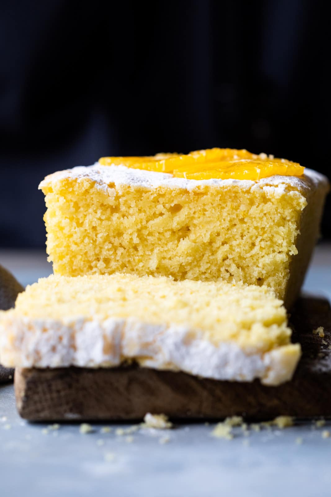 Close up of orange buttermilk pound cake crumb