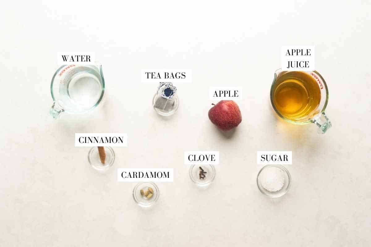 Picture of all the ingredients forI Apple Iced Tea with text to identify them