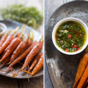 A collage of the Honey Ginger Roasted Carrots with Carrot Greens Chimichurri.