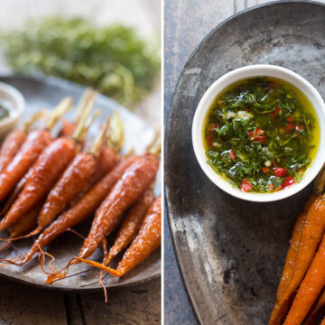 A collage of the Honey Ginger Roasted Carrots with Carrot Greens Chimichurri.