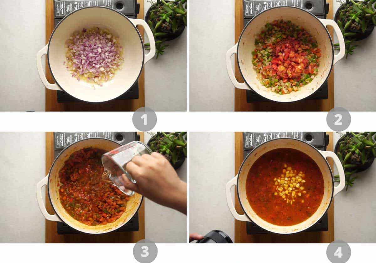 step by step picture collage showing how to make vegetarian mexican soup