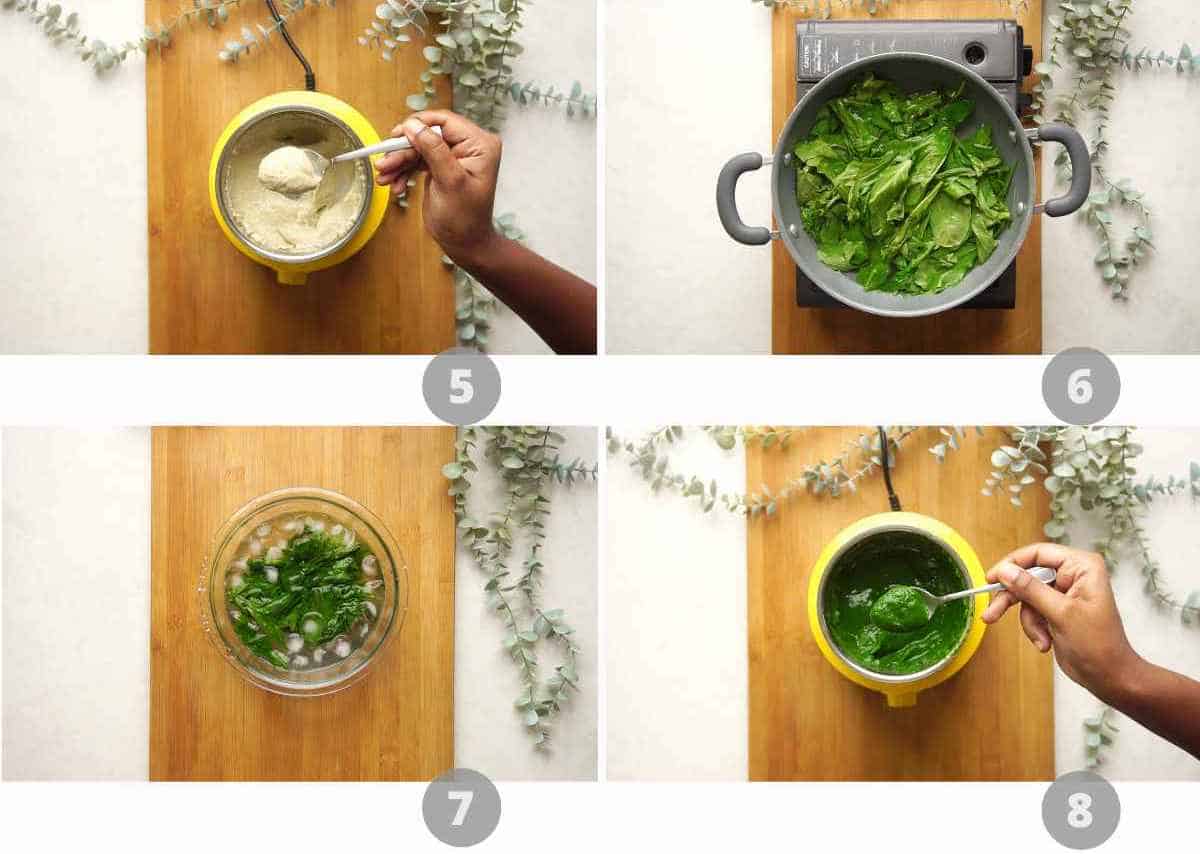 Step by step picture collage showing how to make Palak Paneer Kofta