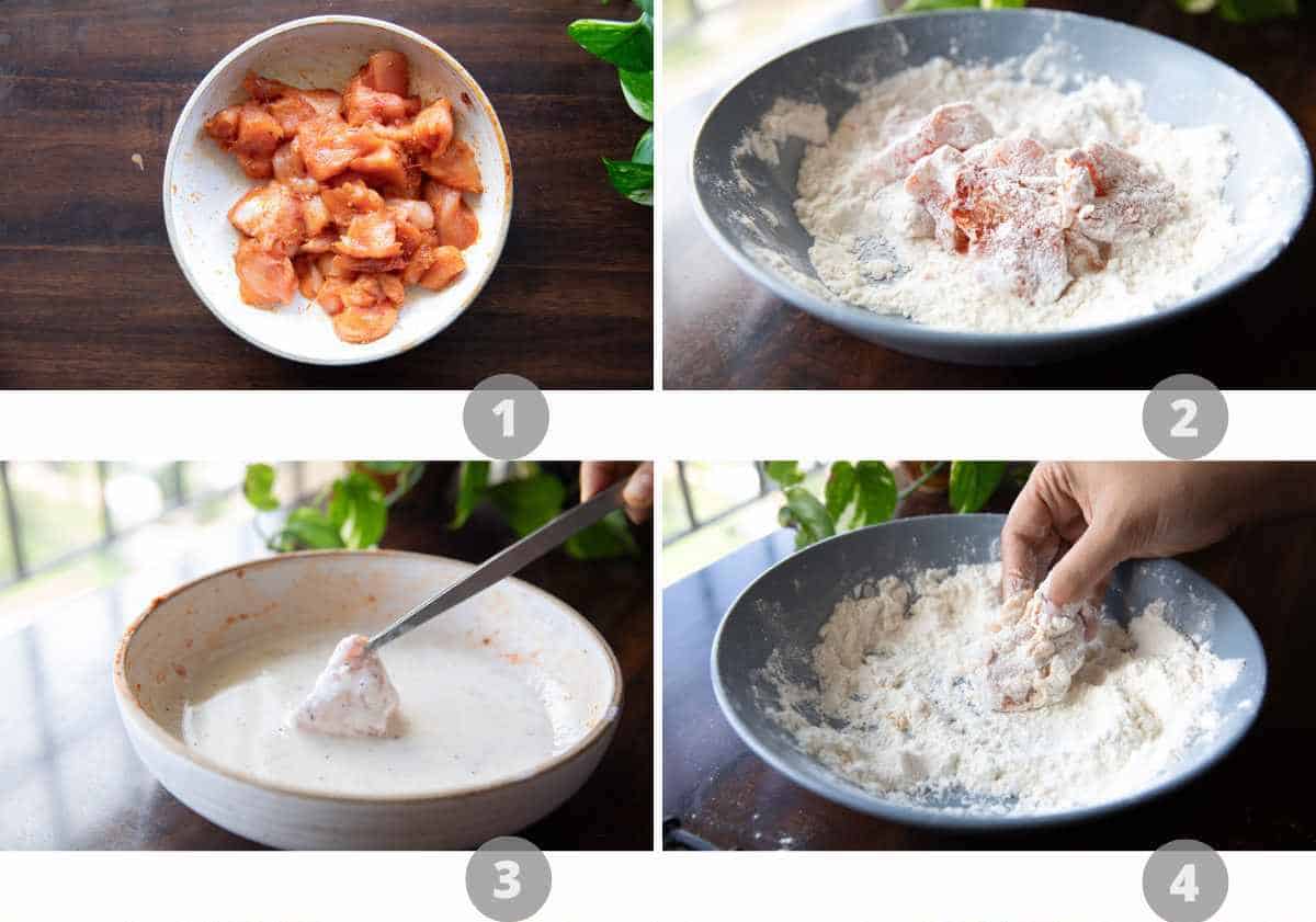step by step image collage showing how to make kfc style popcorn chicken