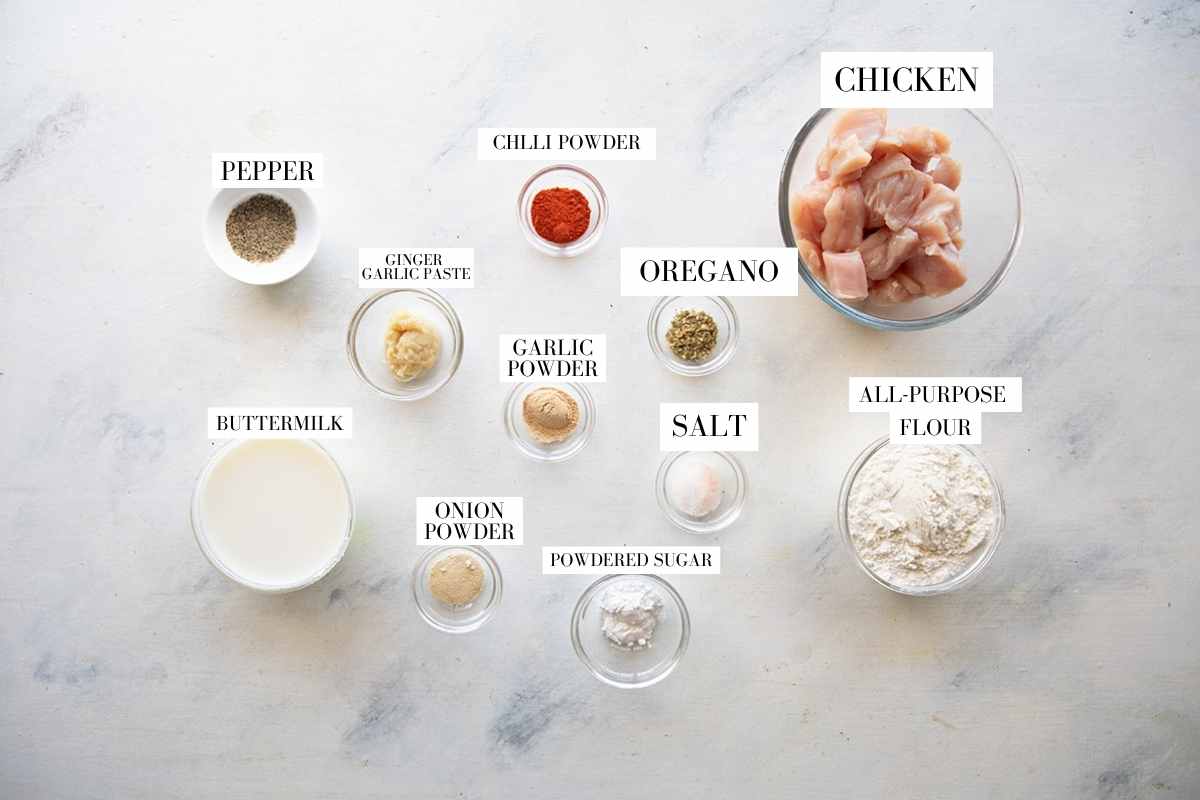 Picture of all the ingredients for Popcorn Chicken with text to identify them