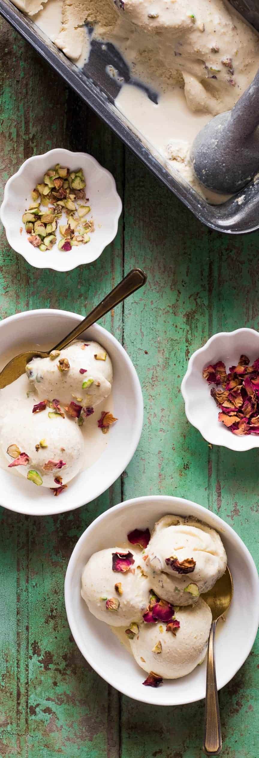 scoops of thandai ice cream served in bowls