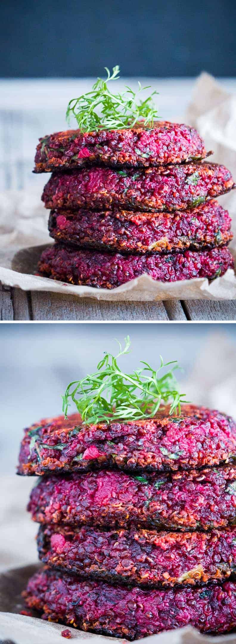 A collage four beet and goat cheese quinoa patties stacked one on top of another placed on crushed white paper