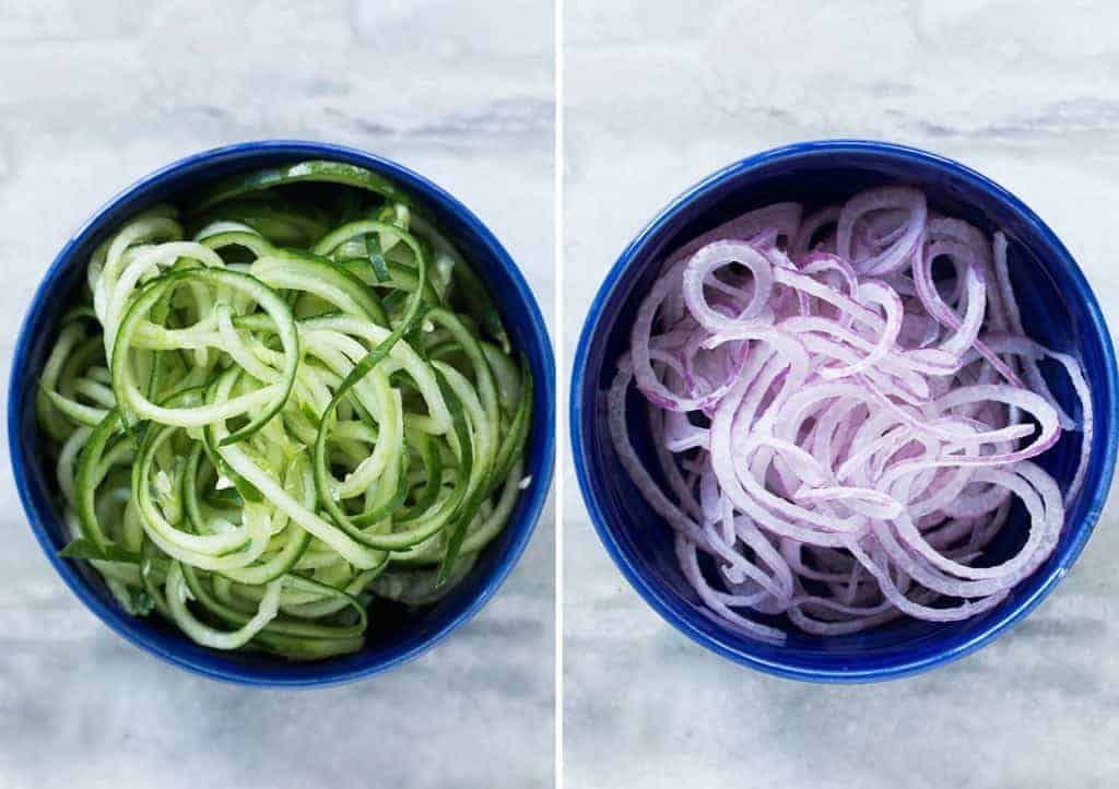 cucumbers and onions cut in the shape of a noodle