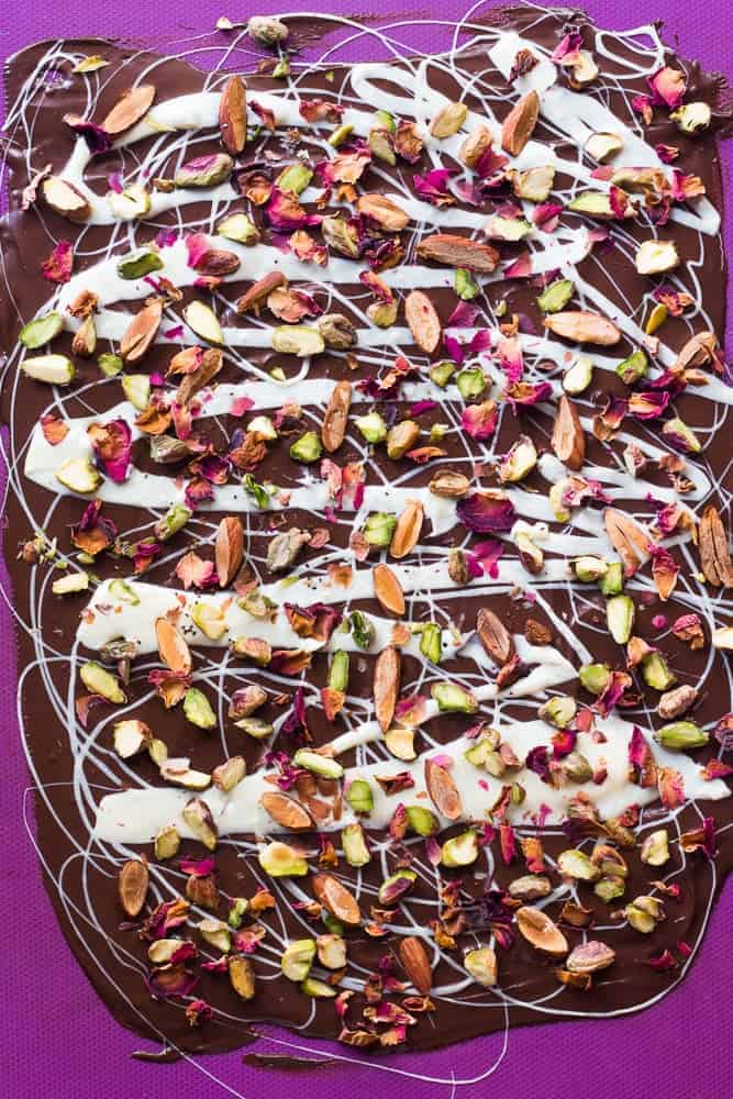 White and Dark Chocolate Rose Pistachio Bark looks beautiful and complicated but takes a total of 5 ingredients, 20 minutes and 5 steps to make. Also perfect for homemade gifting!