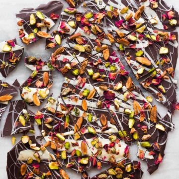 The chocolate bark garnished with rose petals and pistachios.