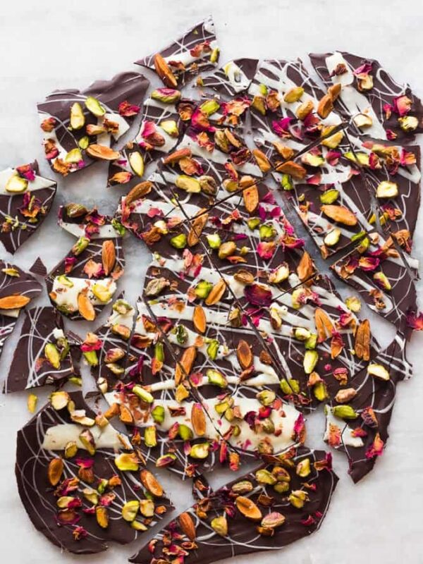 The chocolate bark garnished with rose petals and pistachios.