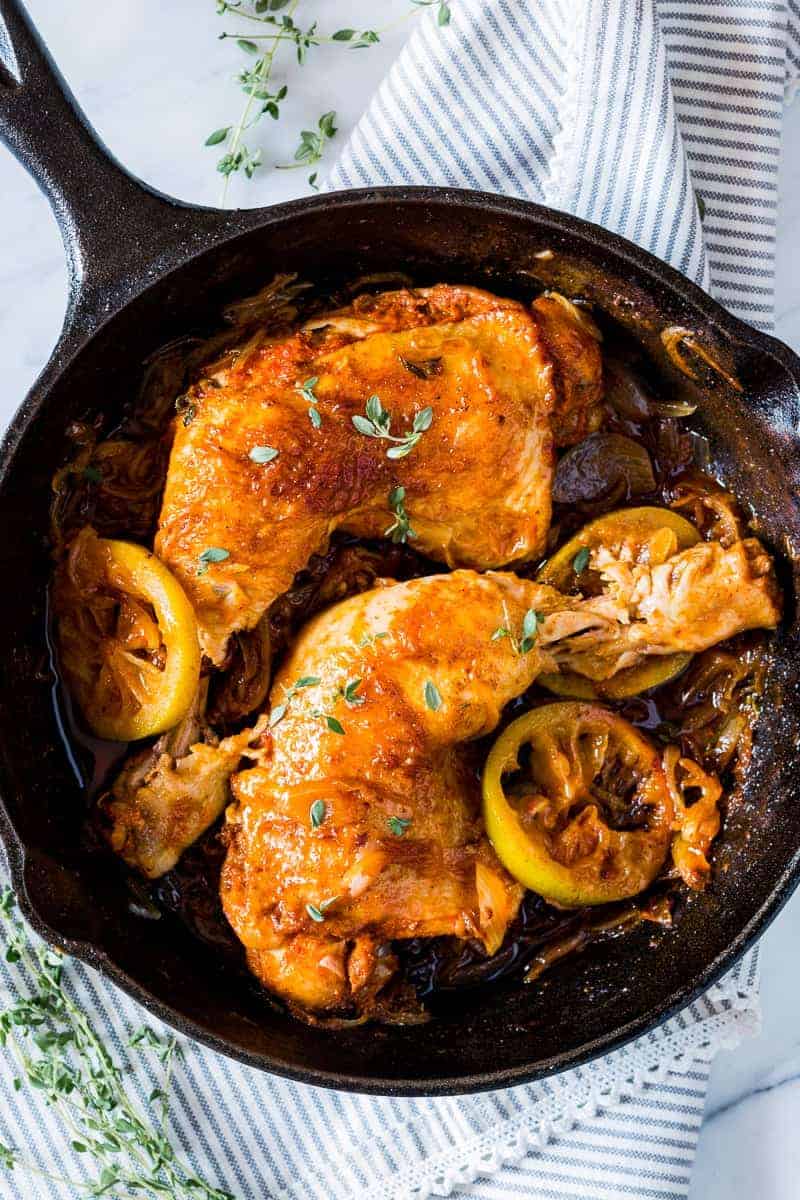 Insanely delicious 5 ingredient, gluten free and super juicy caramelized onion, thyme and lemon chicken legs which takes 30 minutes and only one pan. 