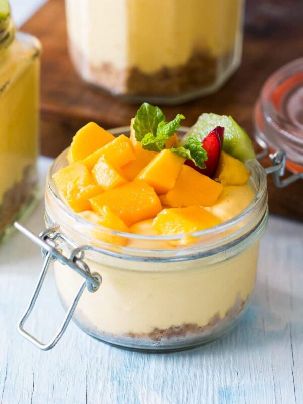 No Bake Mango Cheesecake Mousse served in a Jar.