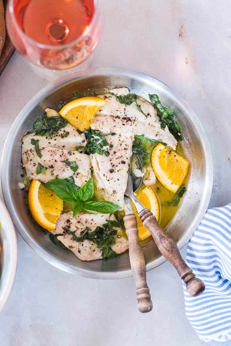 A simple 30 minute recipe, this fish in citrus basil butter sauce is perfect for that date night dinner for two! Use any white fish like cod, tilapia, bhetki, trout or even mahi mahi to make this recipe. Team it up with a big salad and it turns into a healthy dinner. 