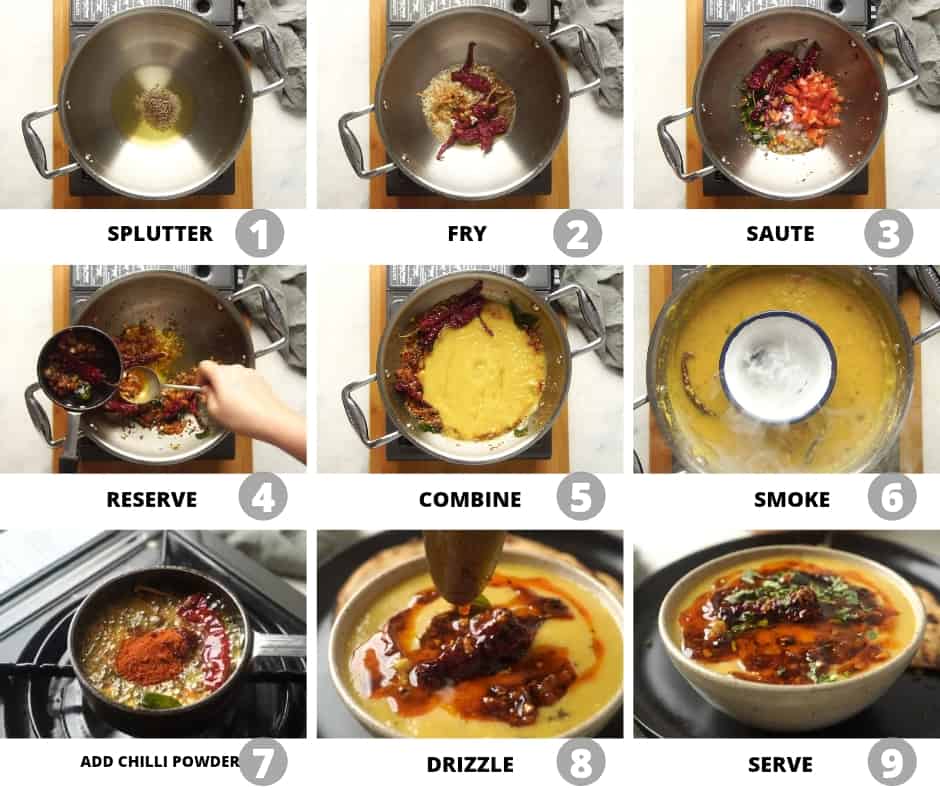 Step by step images to show how to make dal tadka after the dal is cooked