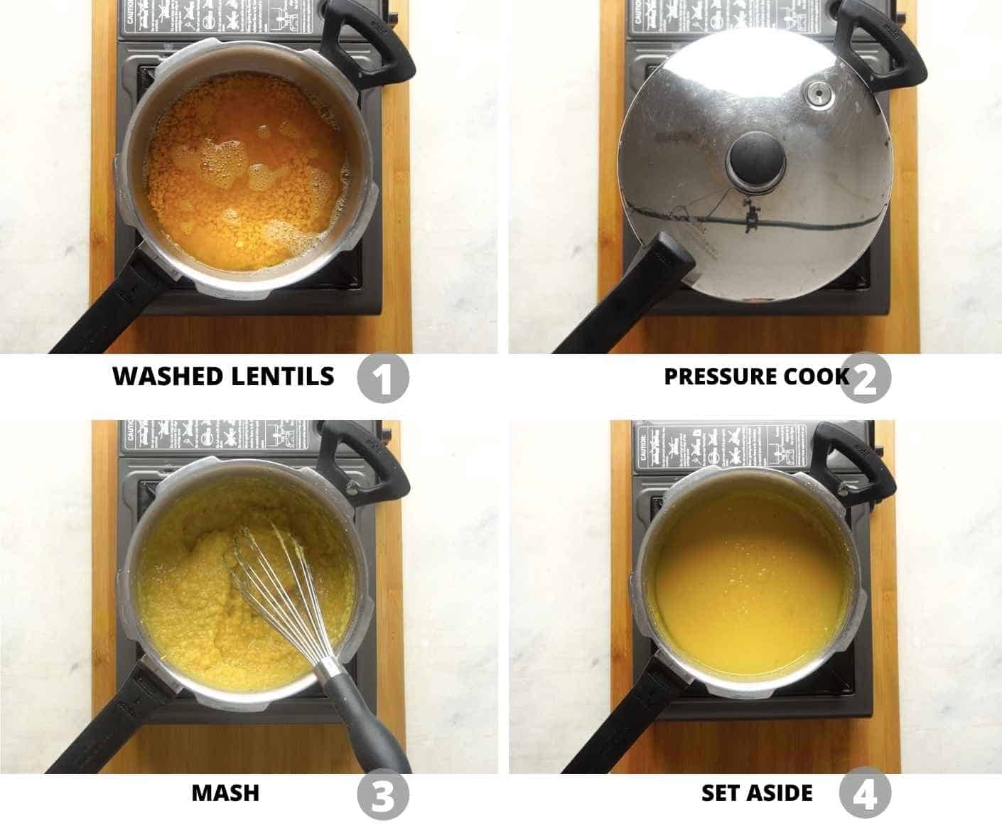 Step by step pictures showing how to pressure cook dal for dal tadka