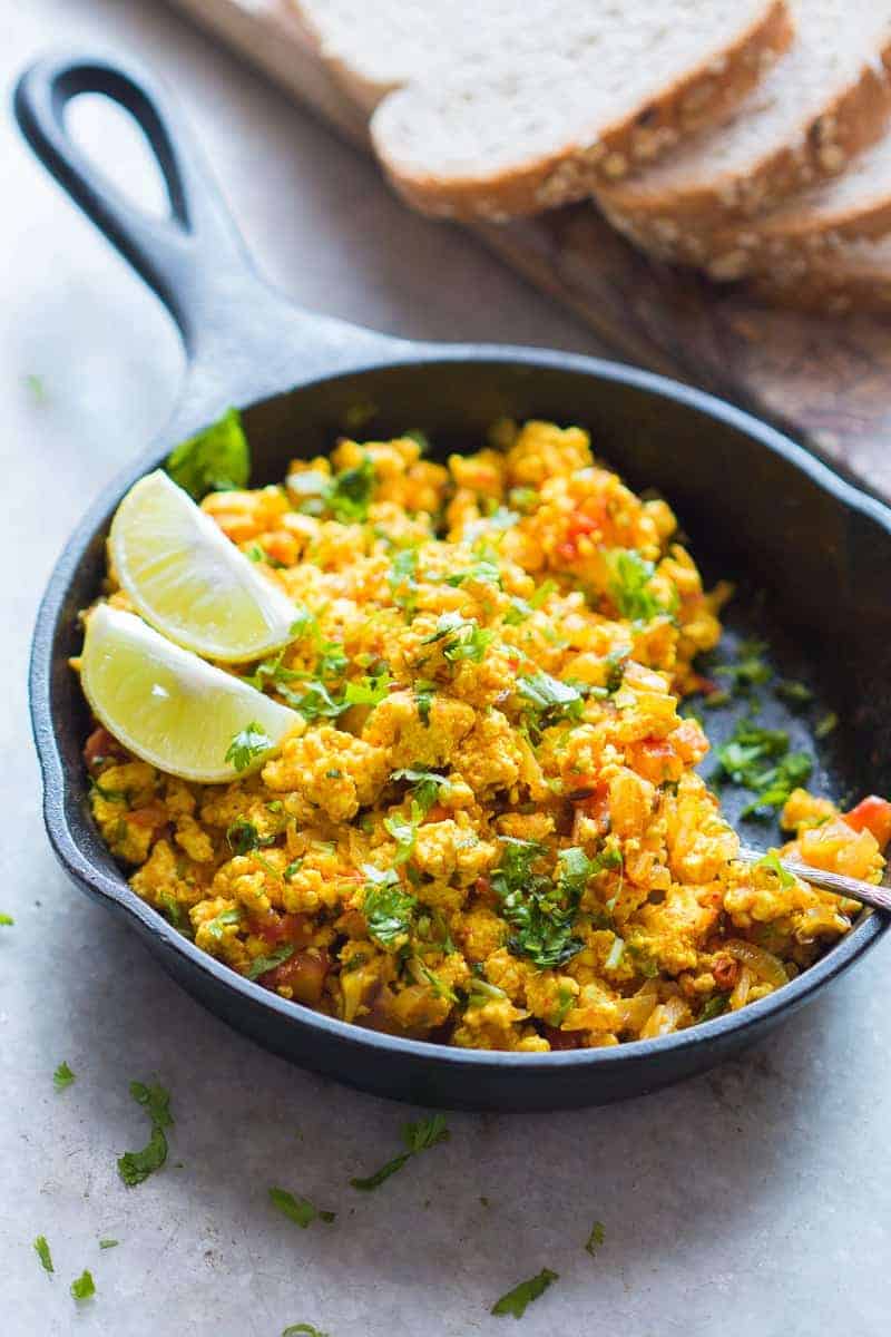 Super fast paneer bhurji or cottage cheese scramble with turmeric and spices for an easy to make Indian breakfast. One pan and ready in 15 minutes! Can be made vegan and dairy free by swapping paneer for tofu. Gluten free too!