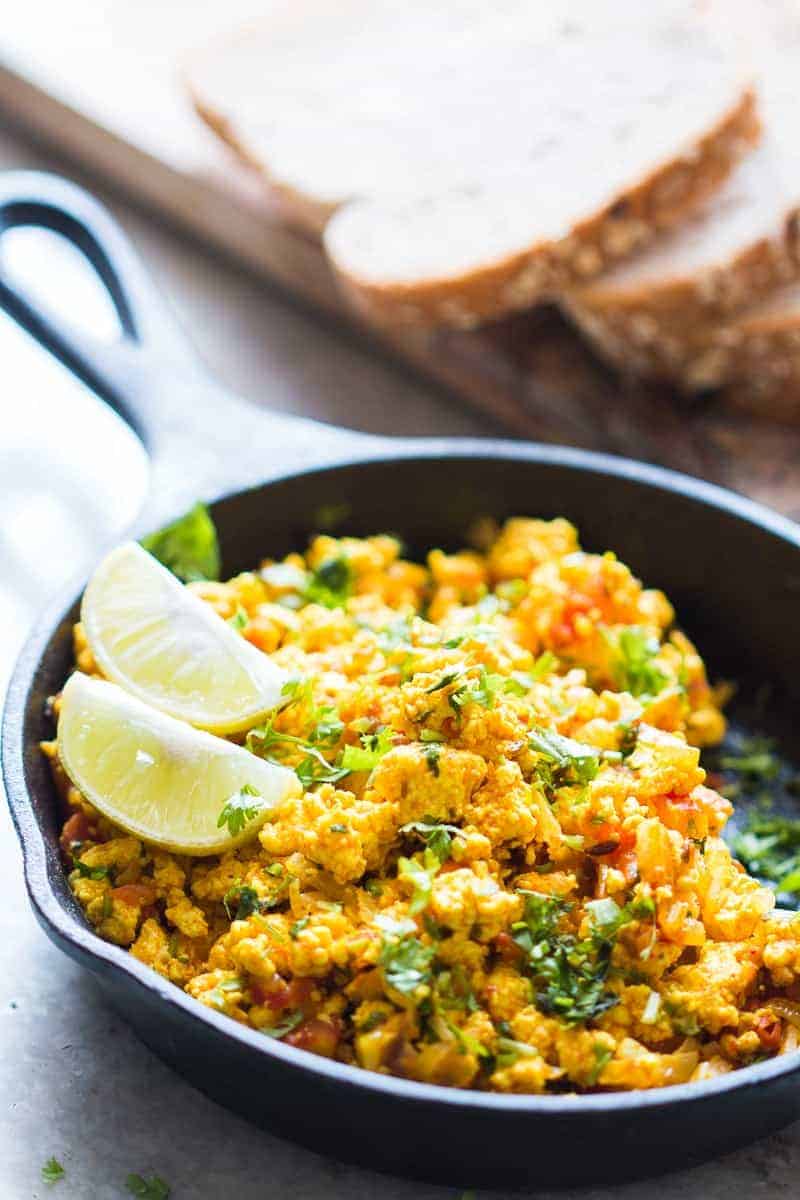 Super fast paneer bhurji or cottage cheese scramble with turmeric and spices for an easy to make Indian breakfast. One pan and ready in 15 minutes! Can be made vegan and dairy free by swapping paneer for tofu. Gluten free too!