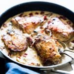 Creamy Bacon Rosemary Mushroom Chicken Thighs in one pan.