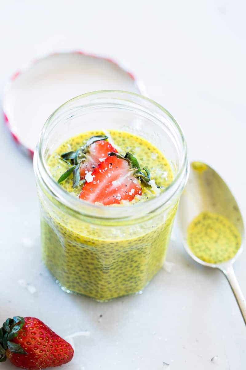 Get the anti-inflammatory benefits of turmeric and the health benefits of chia seeds, a super food in this delicious, creamy golden turmeric milk chia seed pudding. This is super breakfast!