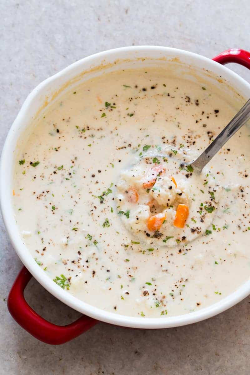 Creamy Cauliflower Chowder is a healthy, easy, comfort food recipe and ready in under 30 minutes. It's gluten free, low carb and keto friendly.