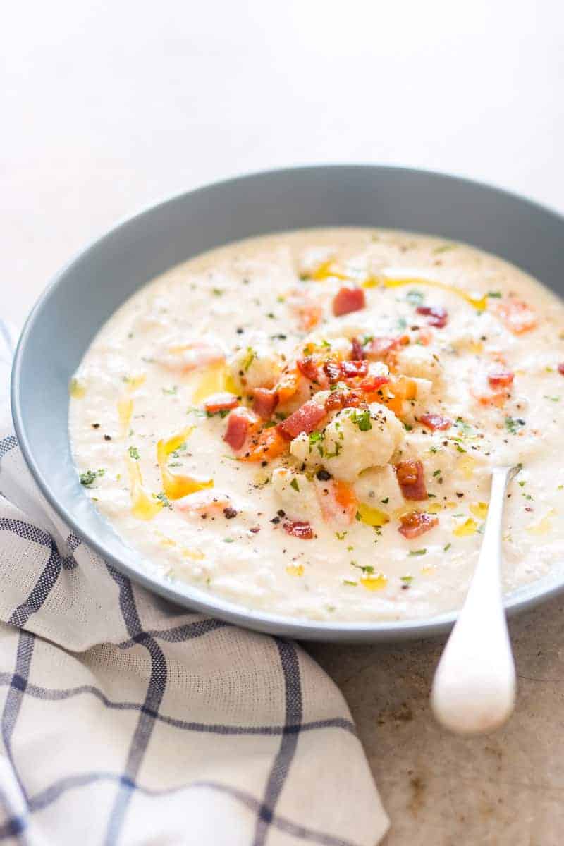 Creamy Cauliflower Chowder is a healthy, easy, comfort food recipe and ready in under 30 minutes. It's gluten free, low carb and keto friendly.