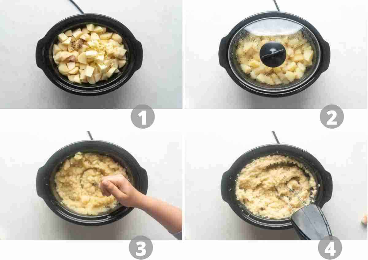 Step by step picture collage showing how to cook and mash potatoes in the slow cooker