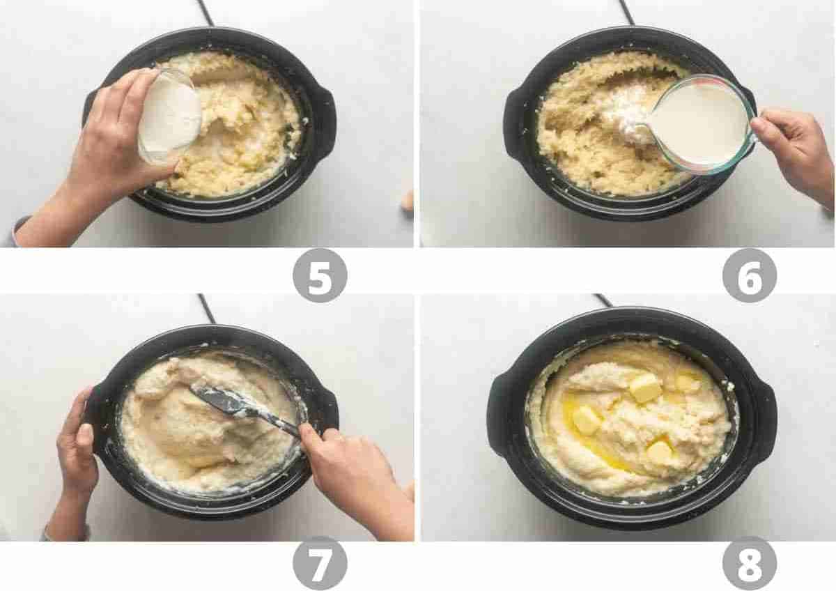 Step by step picture collage showing how to season mashed potatoes cooked in the slow cooker