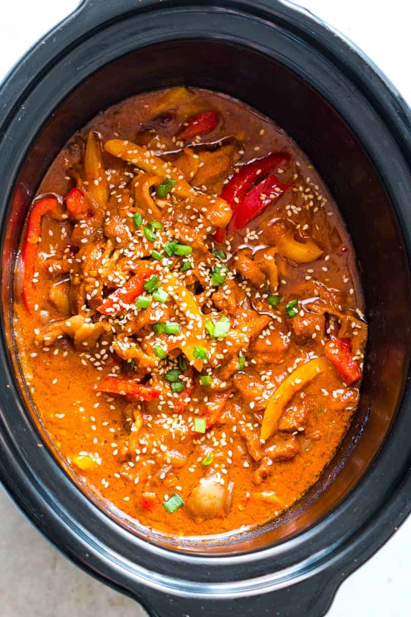 Easy Slow Cooker Korean Pork Bulgogi recipe that can be made in a crockpot and has spicy gochujang in it's marinade. Healthy, yummy stew that's perfect over rice for dinner!