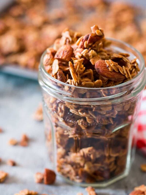 Apple Pie granola fresh out of the oven and stored in a jar!