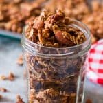 Apple Pie granola fresh out of the oven and stored in a jar!