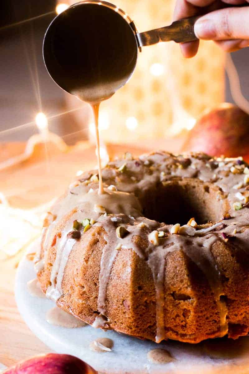 Garam Masala Eggless Apple Bundt Cake - easy, moist, spiced cake made with fresh apples and glazed with a brown butter rum sauce.