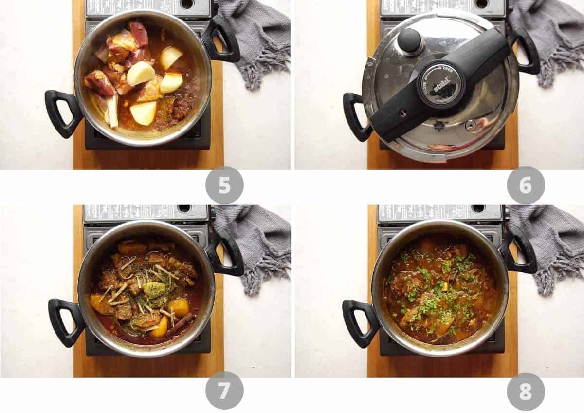 Step by step picture collage showing how to make mutton curry