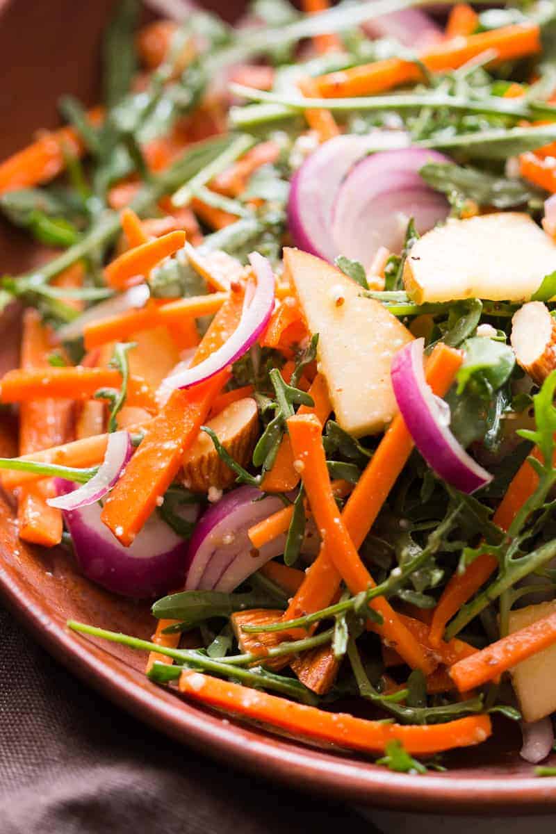 Apple Arugula Almond Salad with Orange Marmalade Dressing is a quick, easy healthy salad like waldorf but better. Vegan, Gluten Free and the perfect side dish to your dinner!