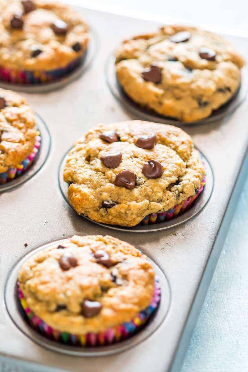 Healthy Oatmeal Banana Chocolate Chips Muffins are super easy, extremely soft and fluffy; have almost no flour, and are perfect for breakfast!
