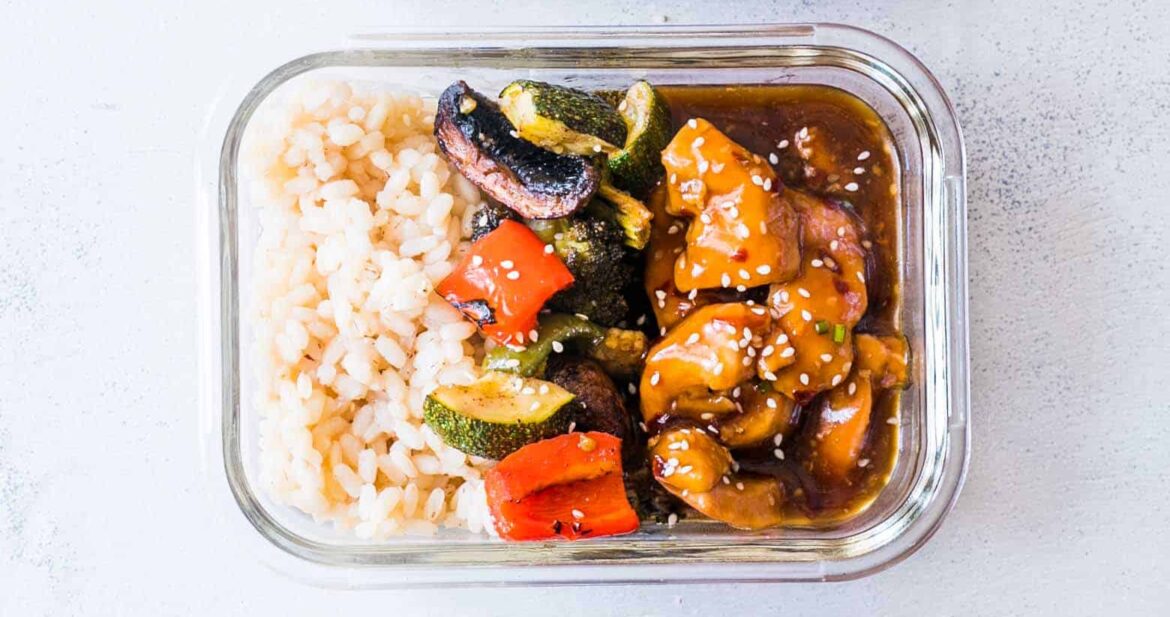 Teriyaki Chicken Stir Fry Meal Prep Lunch Boxes packed in glass containers.