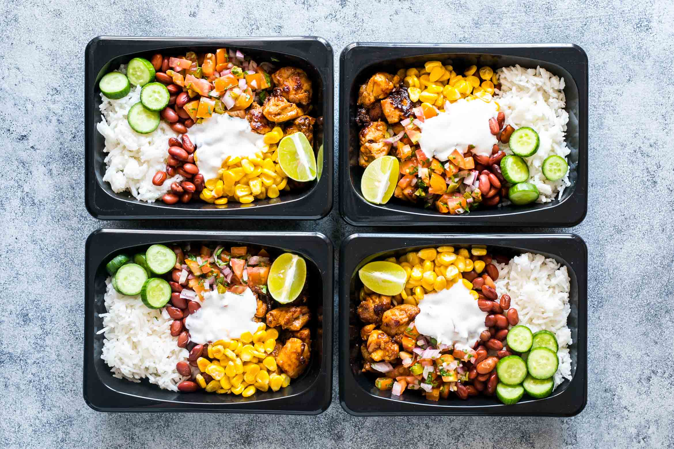 Easy chicken burrito meal prep bowls are perfect for planning weekday work lunches ahead! Four lunches ready in 60 mins - tasty, gluten free and healthy!