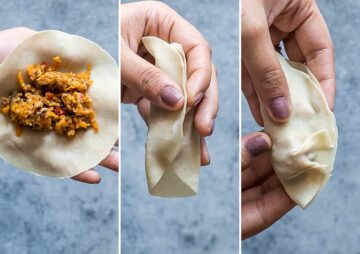 Wrapping the Vegetarian Gyoza Potstickers with Carrot and Paneer.