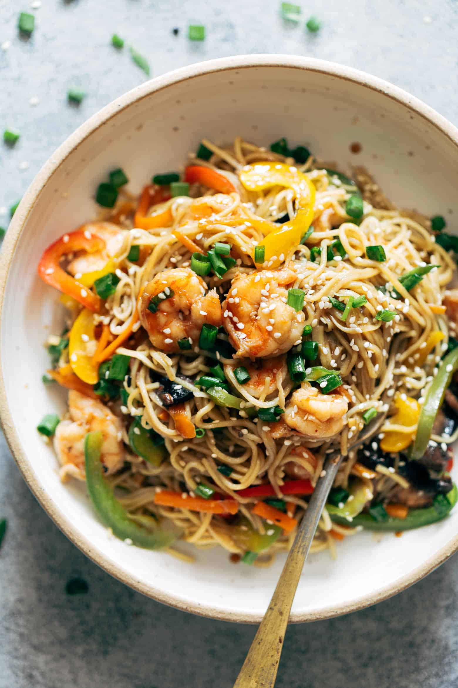 Shrimp Chow Mein served in a cream bowl