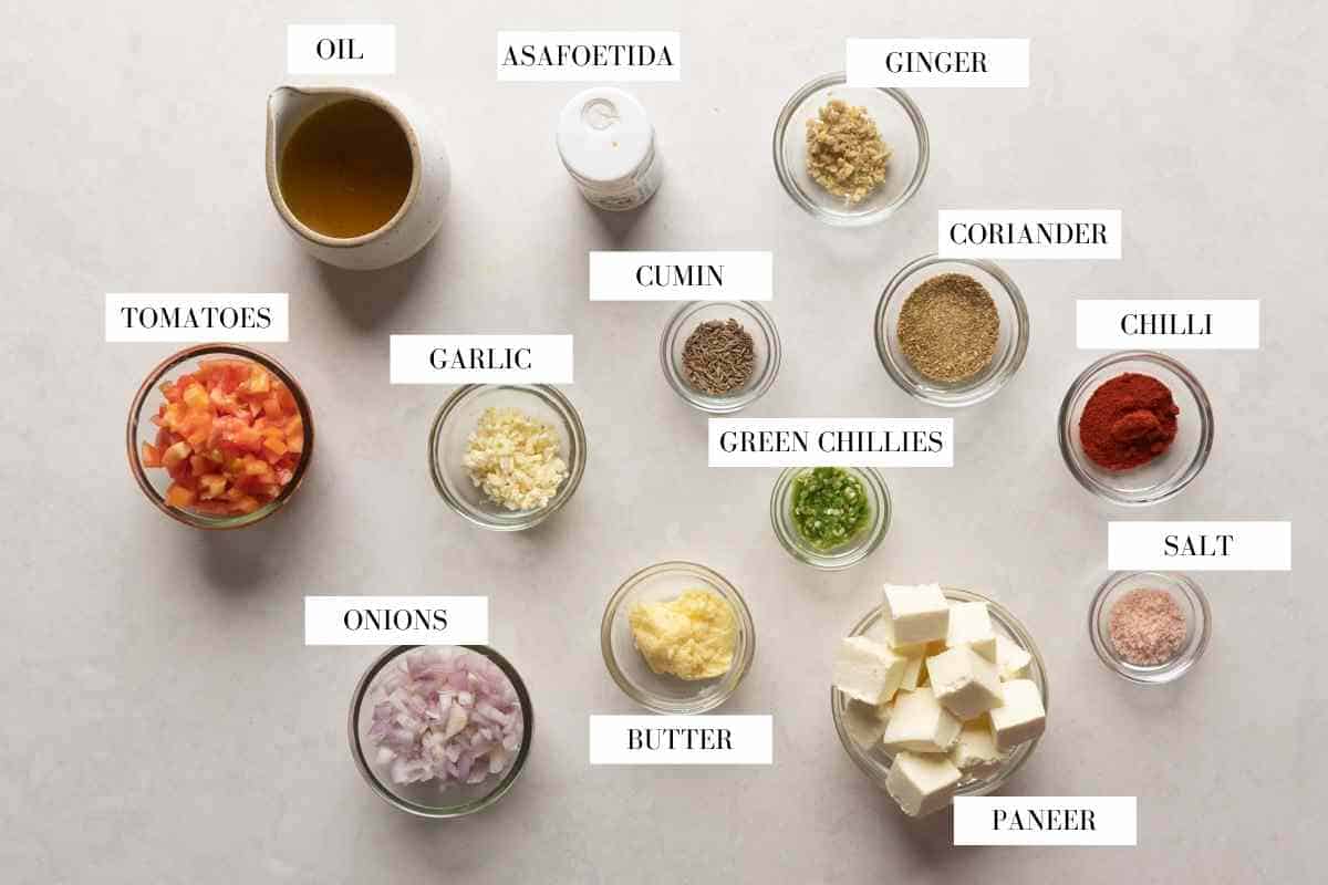 Picture of all the ingredients required for saag paneer with text to identify them