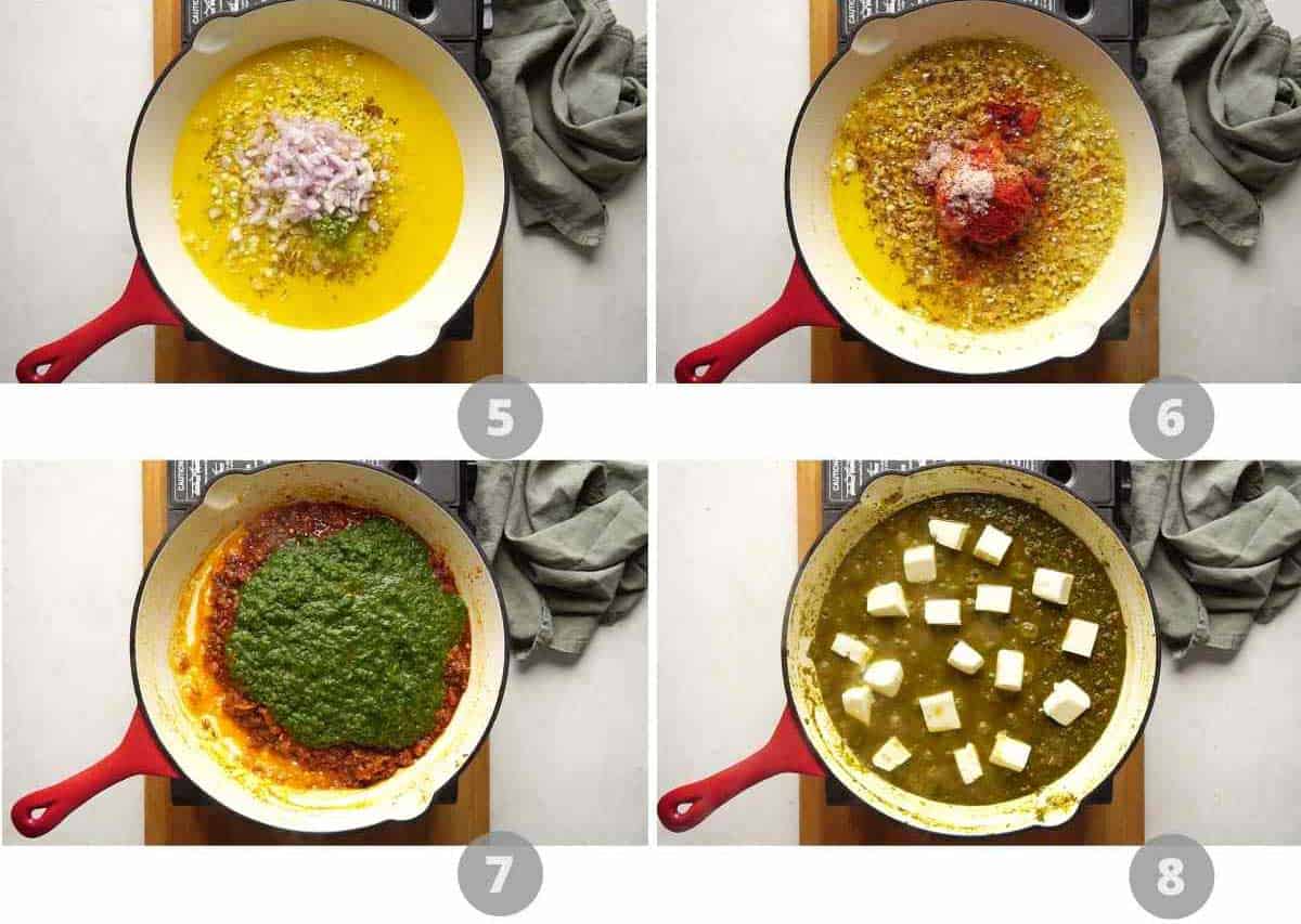Step by step picture collage showing how to make saag paneer
