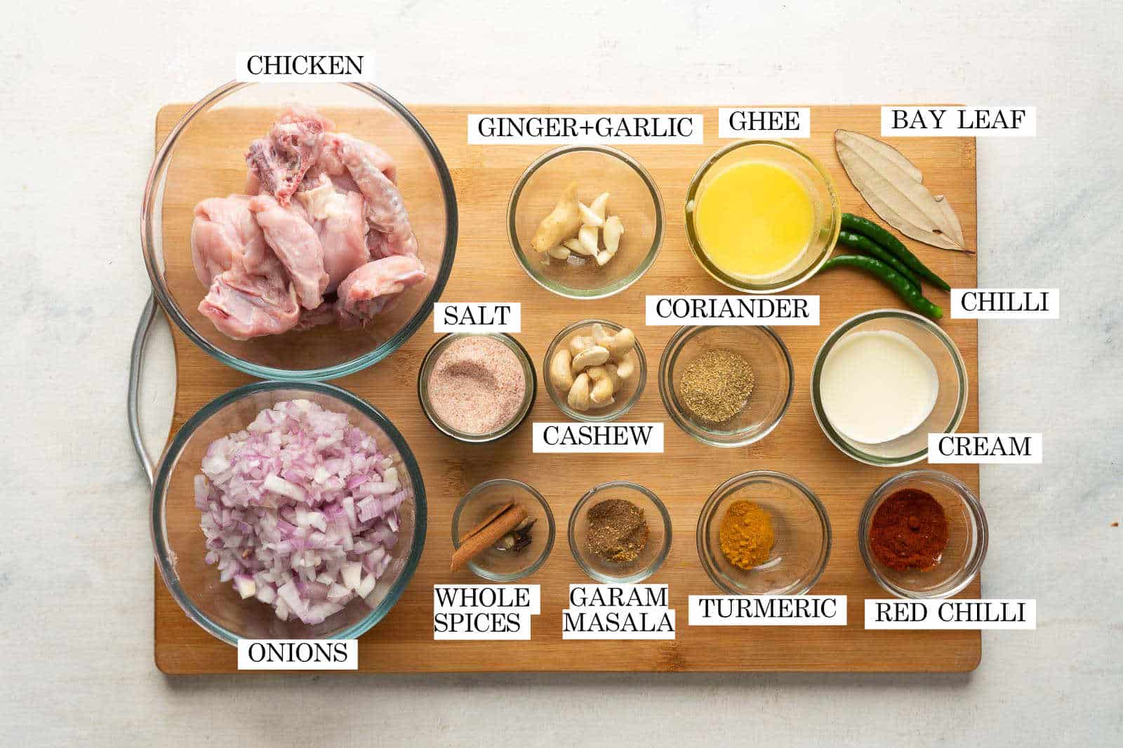 Ingredients for Mughlai Chicken laid out on a tabletop with text to identify each ingredient