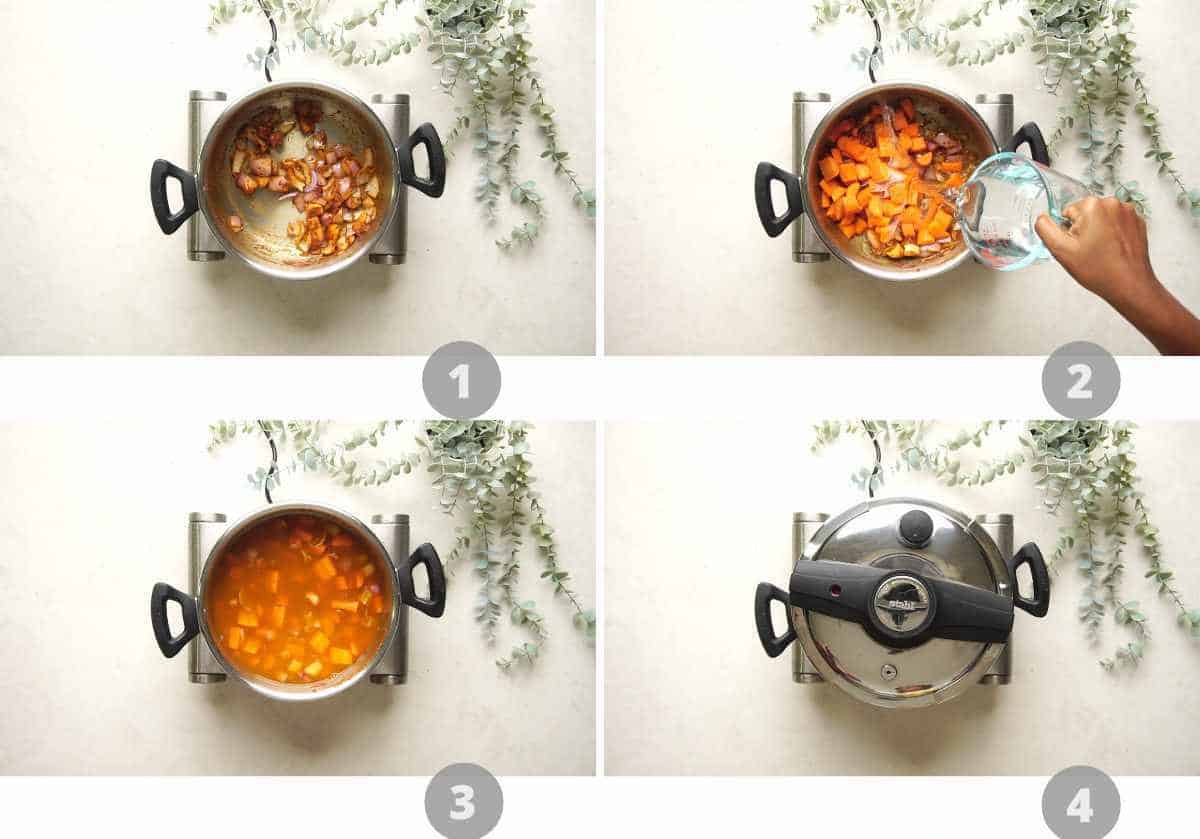 Step by step picture collage showing how to make Thai Ginger Carrot Soup