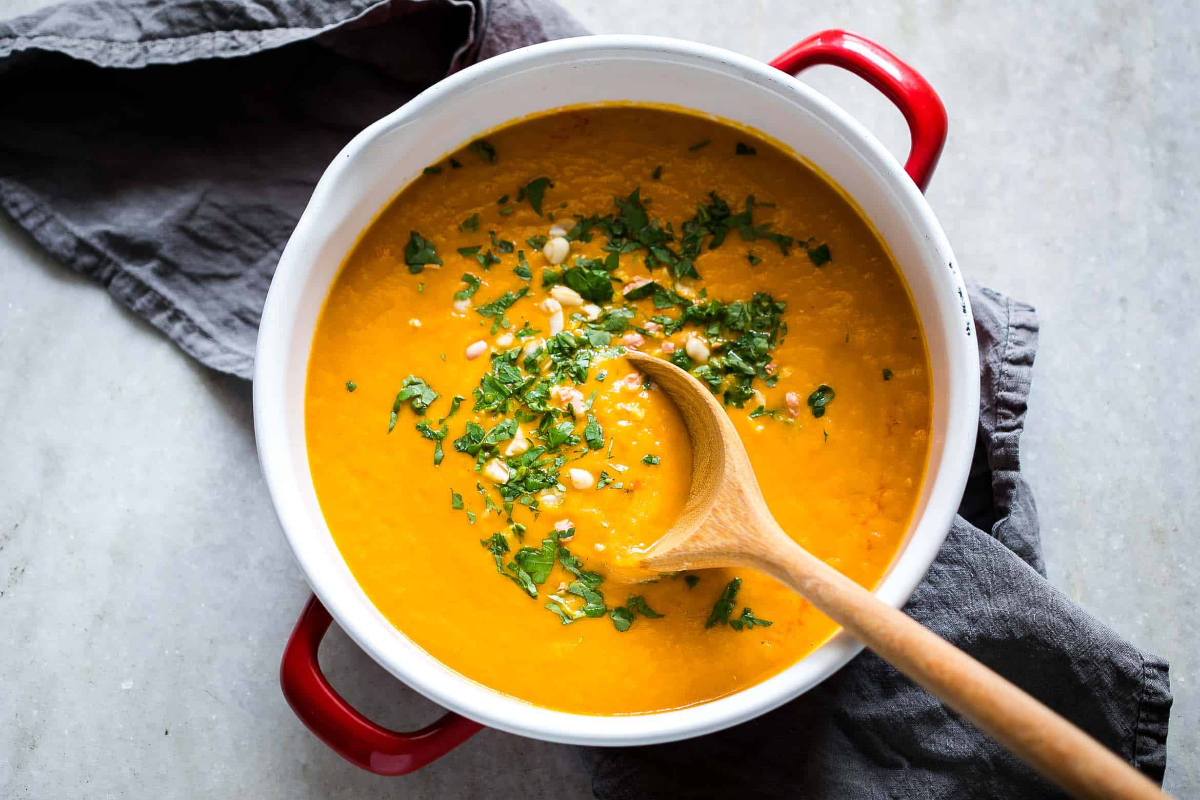 This Thai ginger carrot soup is pure comfort food and is ready in under thirty minutes if you make it in a pressure cooker. The flavours are bold, the texture is creamy, the recipe healthy and it becomes a complete meal if you top it with some noodles!