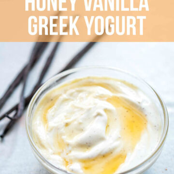 Honey vanilla greek yogurt drizzled with honey with vanilla pods on the side, served in a bowl