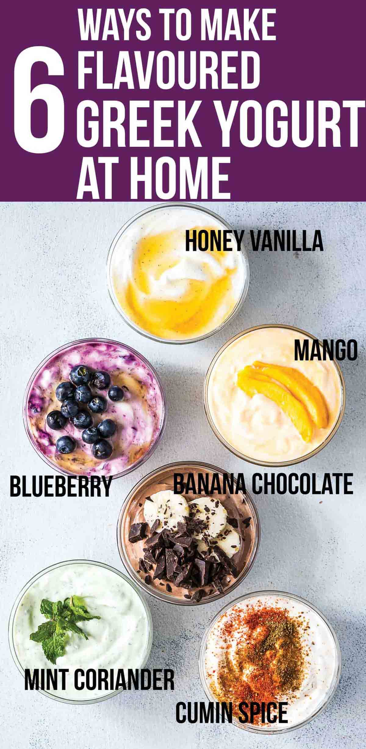 a collage 6 flavours of greek yogurt